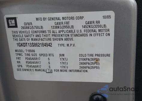 2006 GMC Envoy Sle z USA, uszkodzony, nr VIN 1GKDT13S862184942